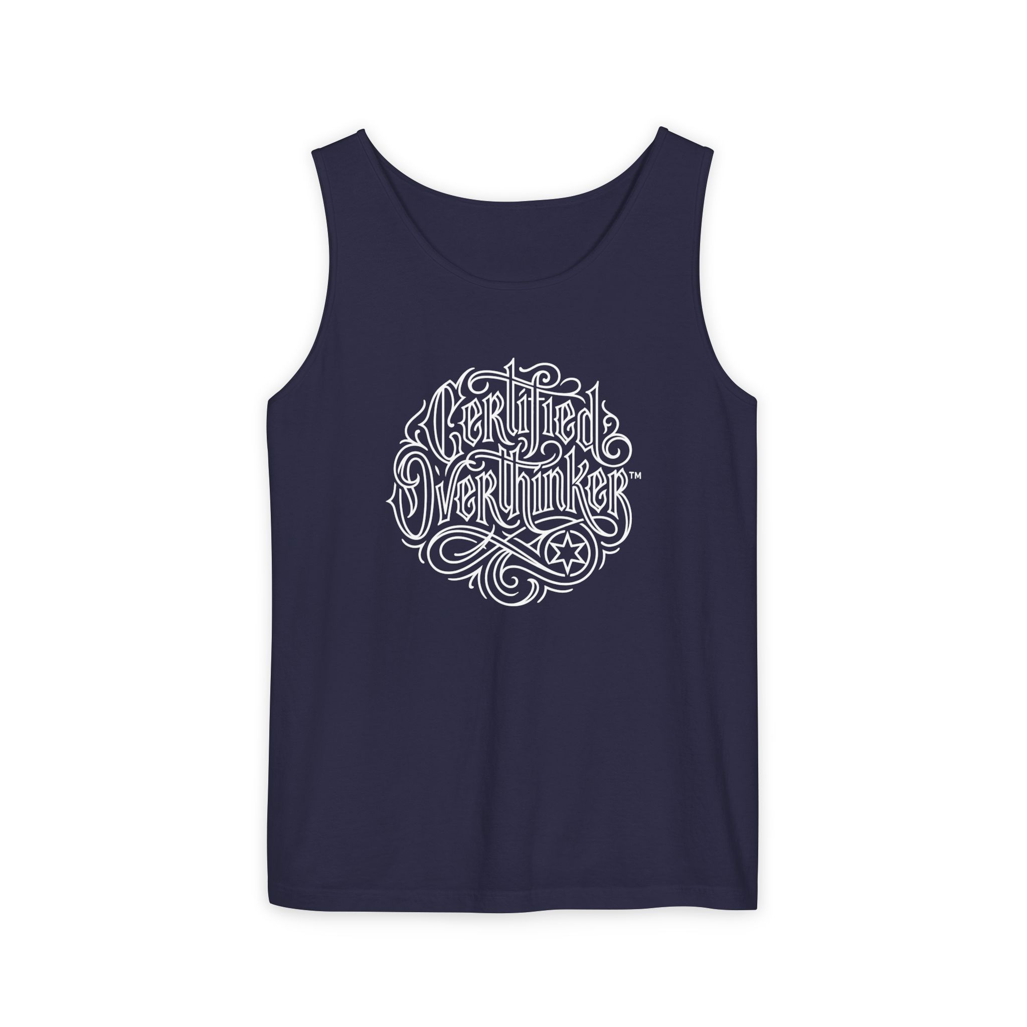 Certified Overthinker™ Tank Top – Ornate Gothic Calligraphy