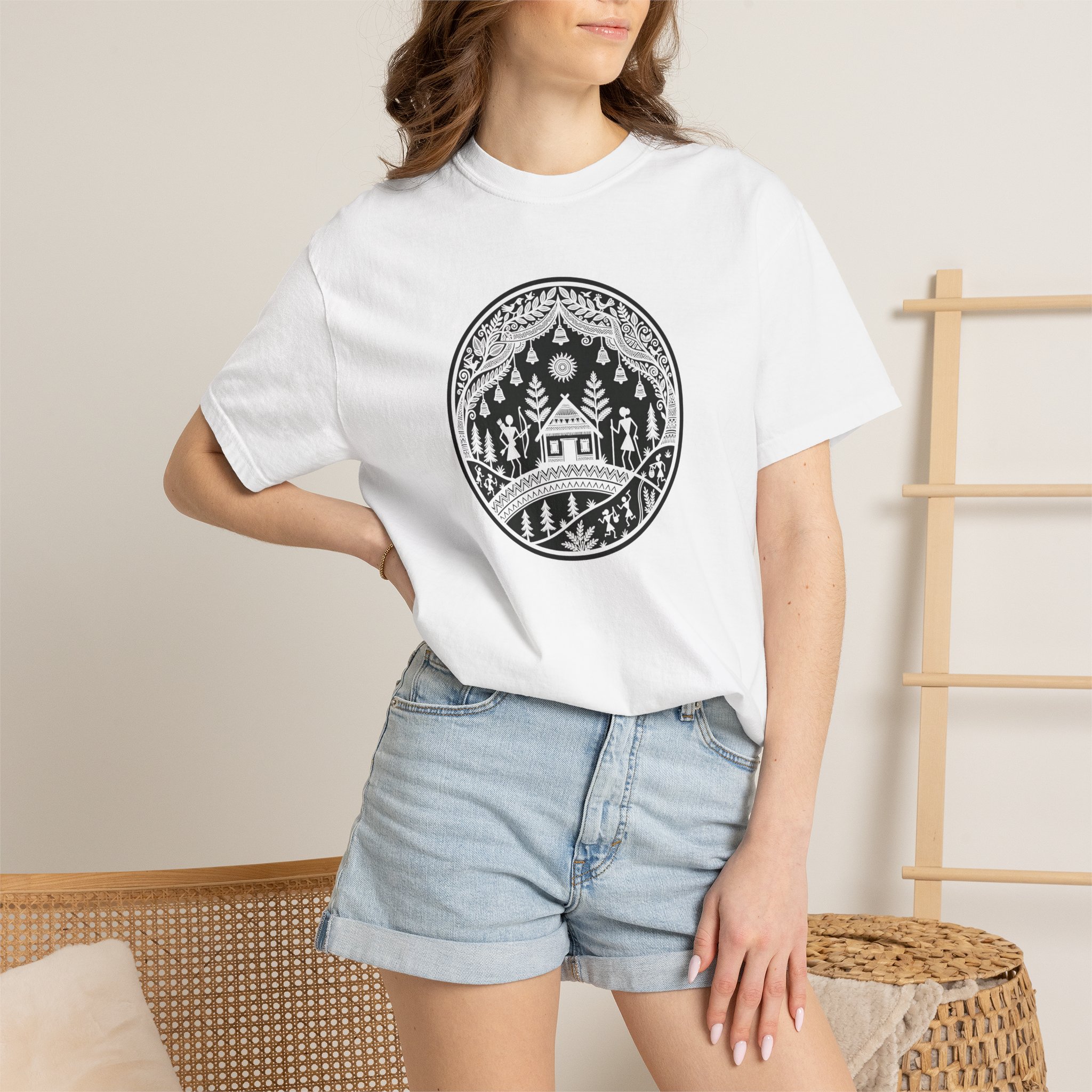 Warli Village Circle Tee – Indian Folk Art on White - Image 4