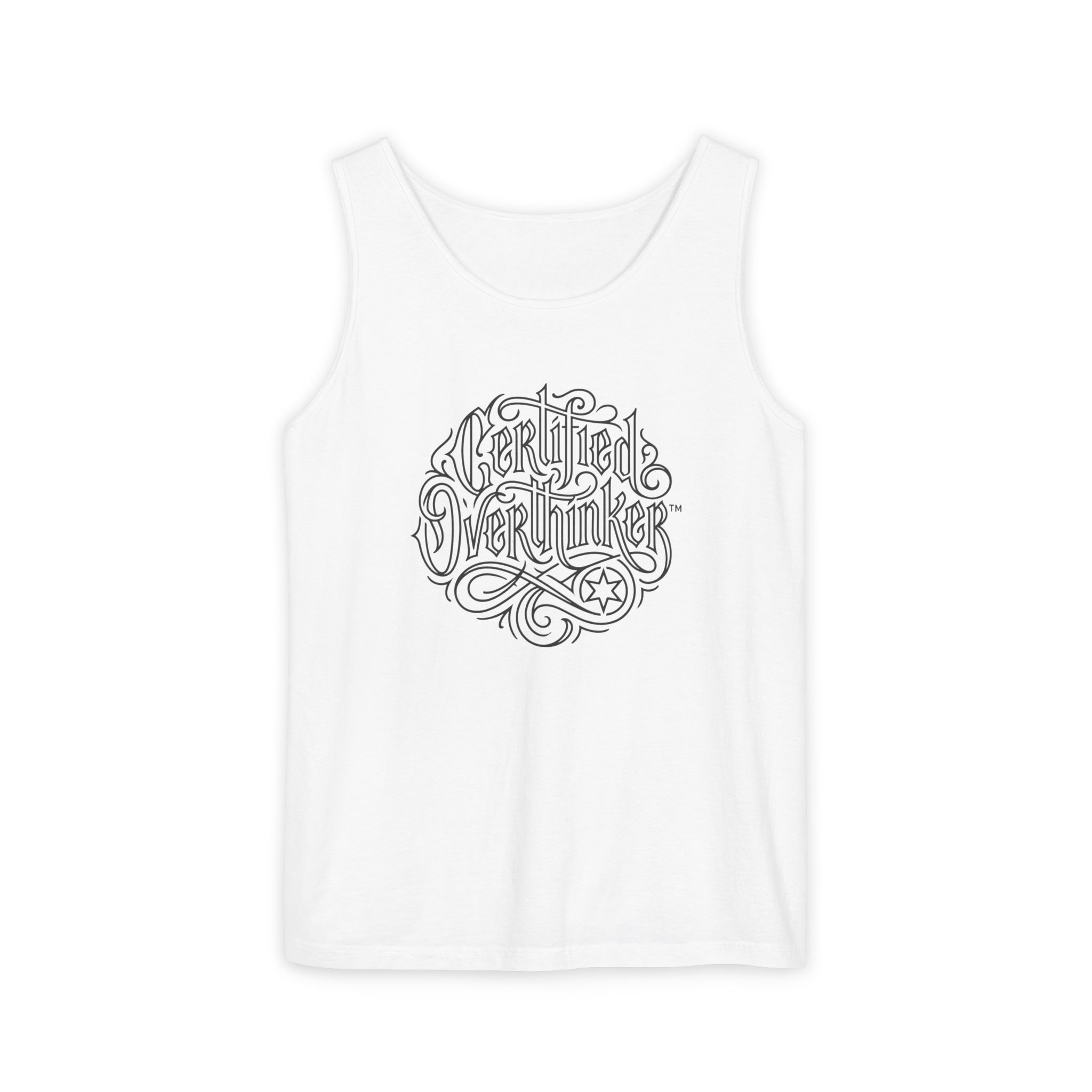 Certified Overthinker™ Tank Top – Gothic Calligraphy Outline on White