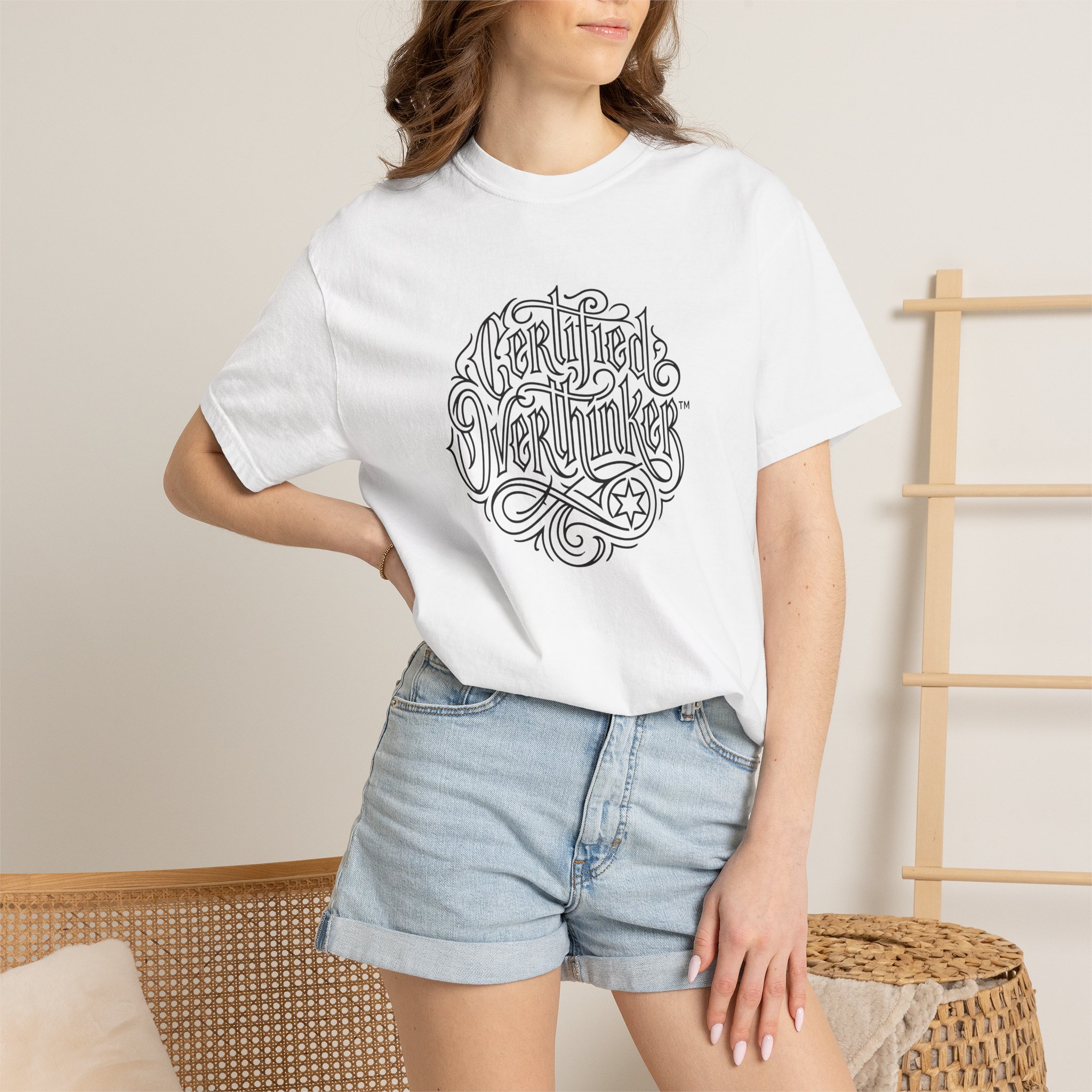 Certified Overthinker™ Tee – Gothic Calligraphy Outline on White - Image 4