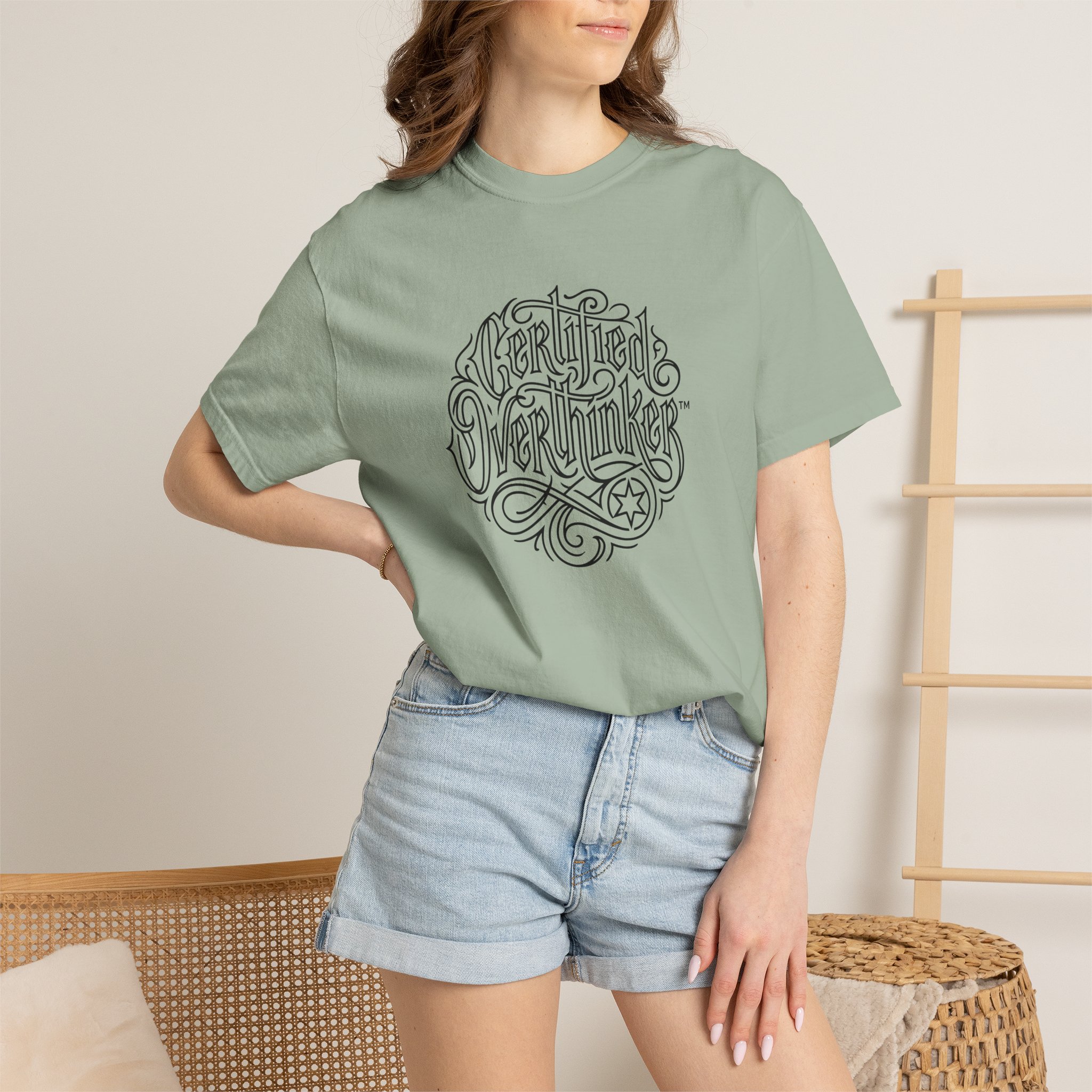 Certified Overthinker™ Tee – Gothic Calligraphy Outline on White - Image 12