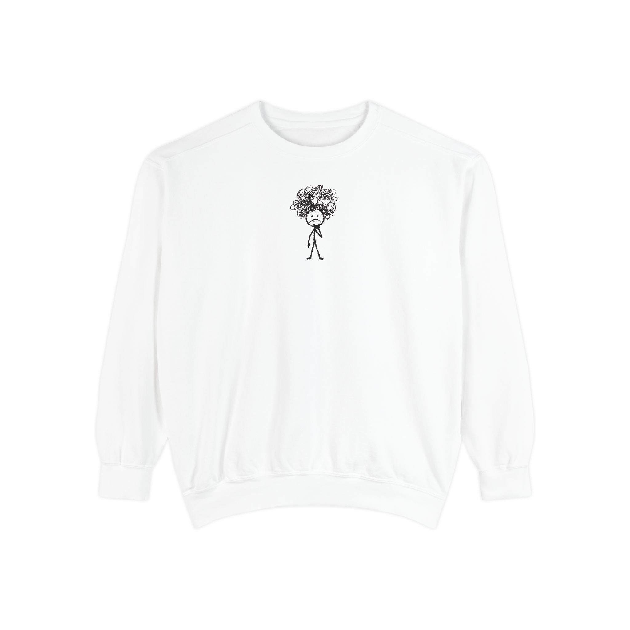 Overthinker Stick Figure Sweatshirt – Anxiety Scribble Art on White