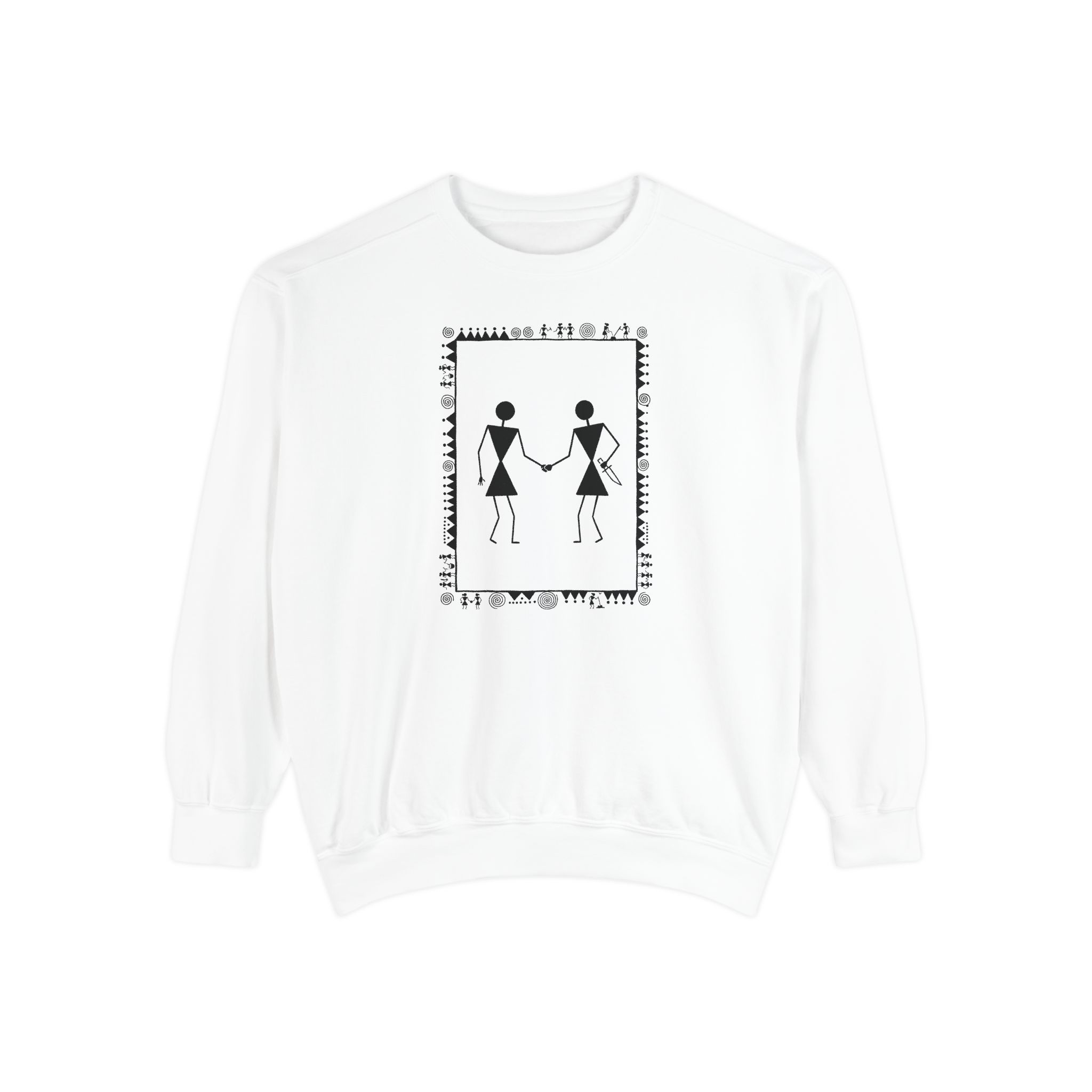 Warli Warriors Sweatshirt – Folk Art Handshake on White
