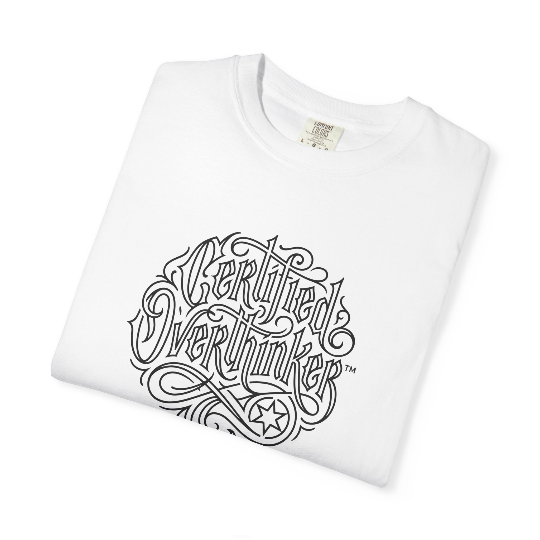 Certified Overthinker™ Tee – Gothic Calligraphy Outline on White - Image 3