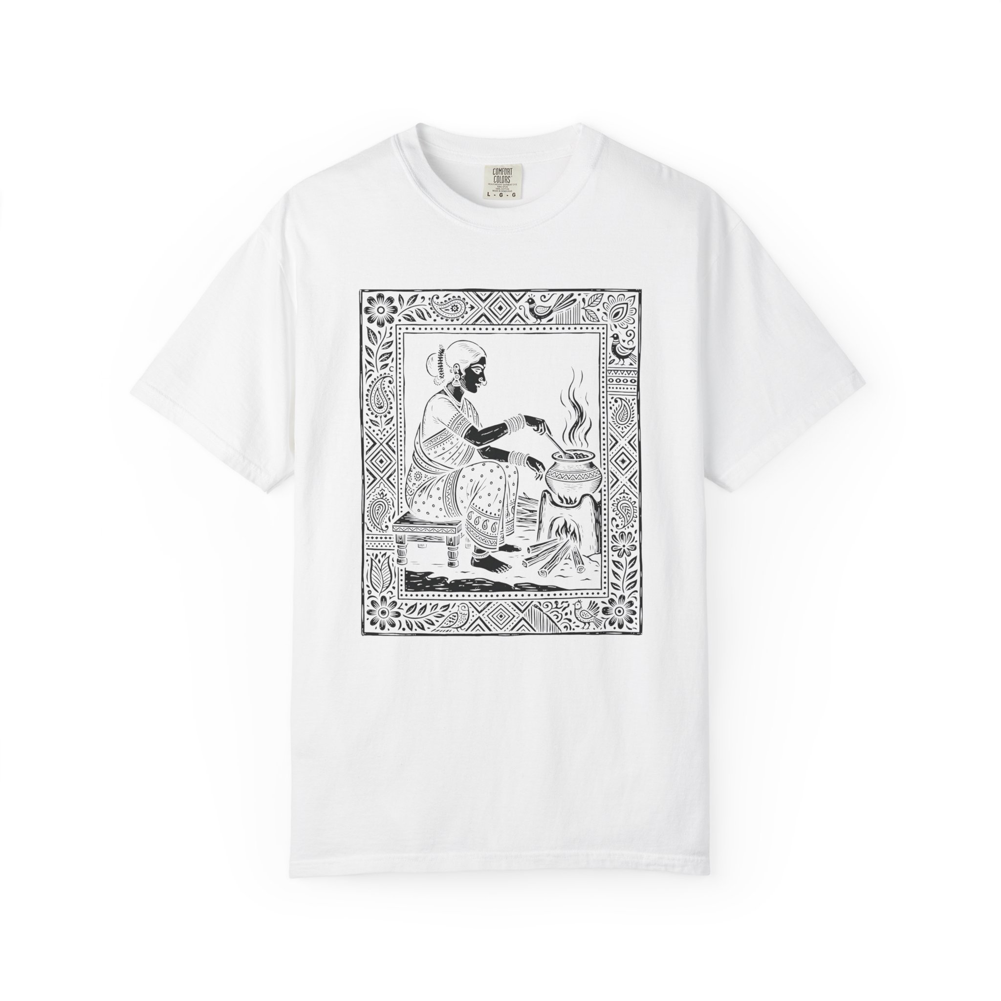 Chulha Wali Tee – Indian Folk Art Cooking Scene on White