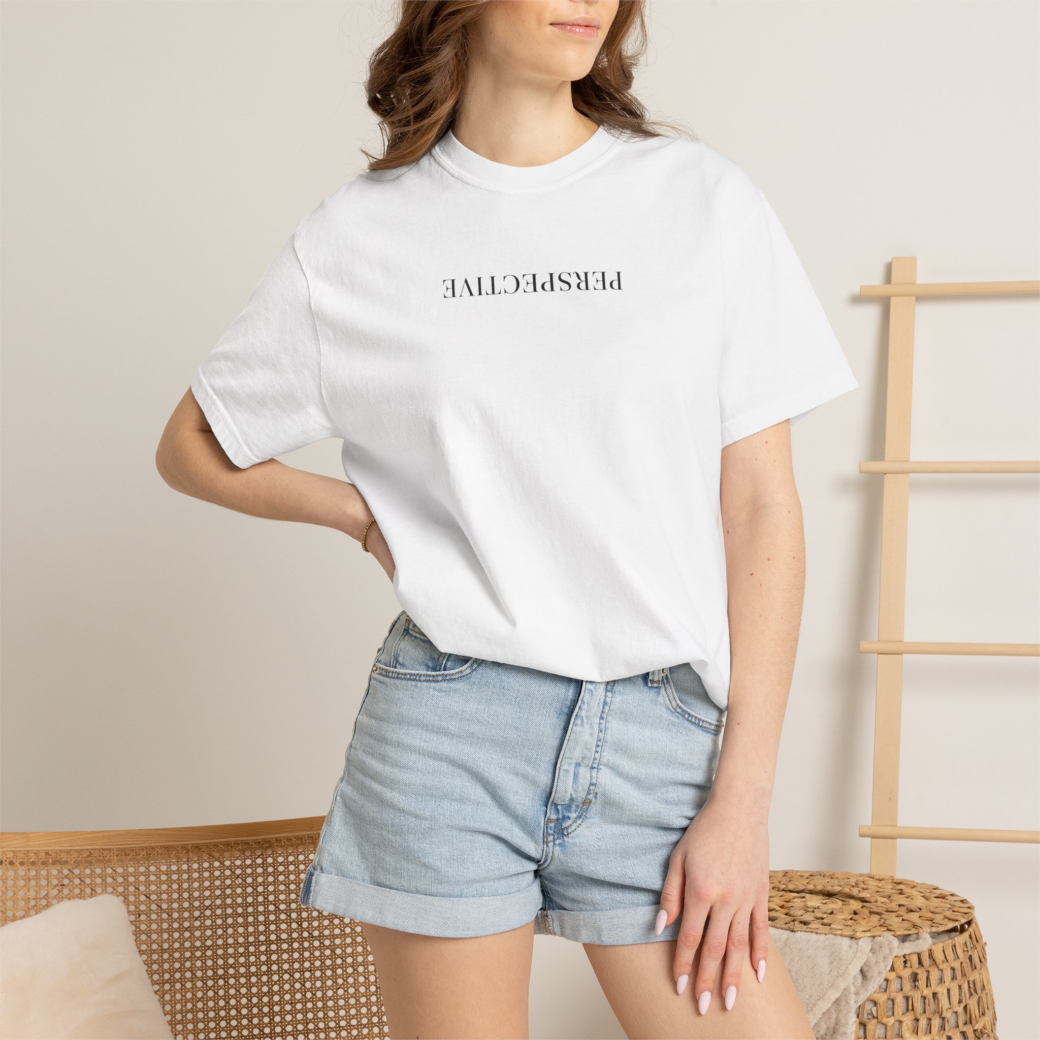 Perspective Tee – Upside Down Serif Type on White - Image 4