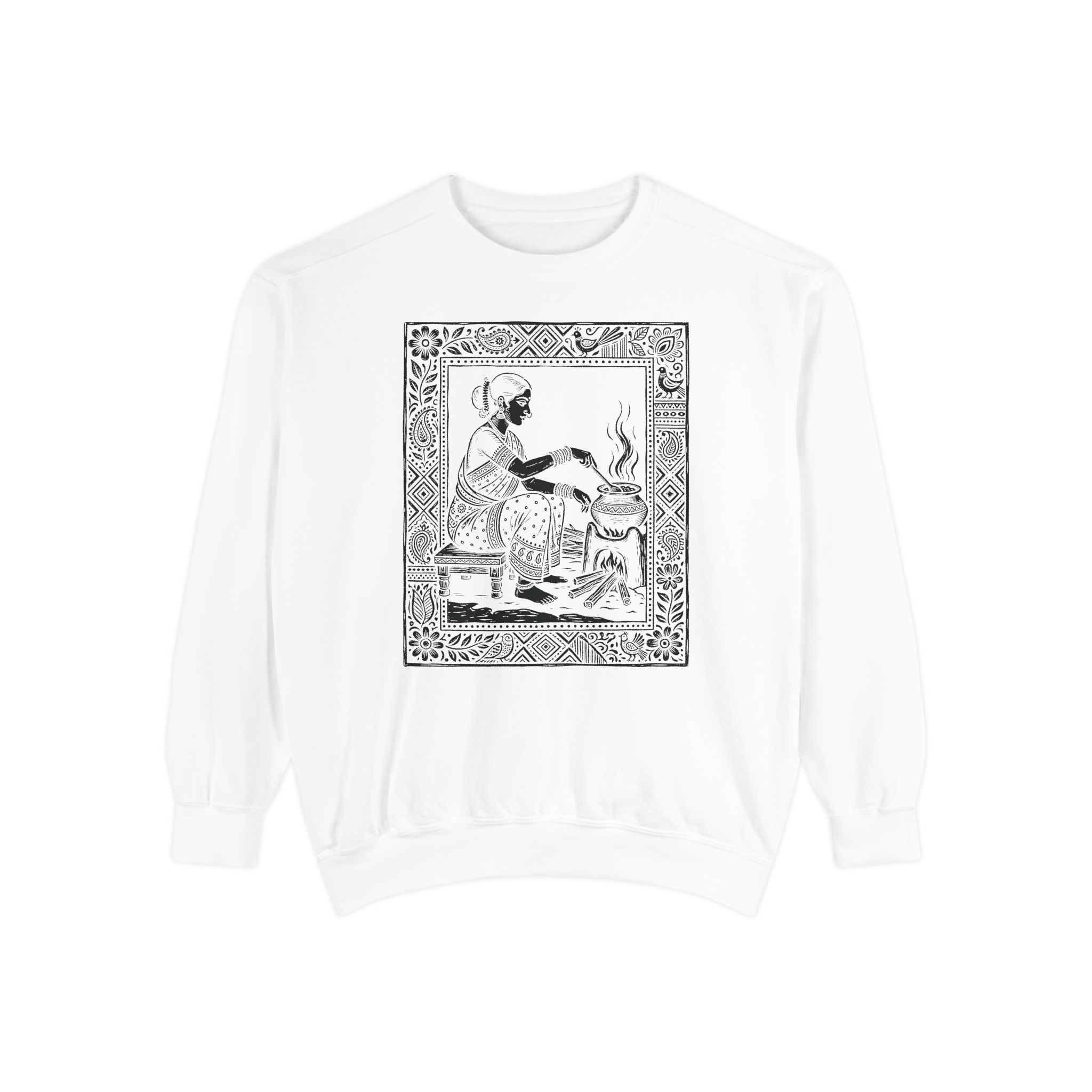 Chulha Wali Sweatshirt – Indian Folk Art Cooking Scene on White