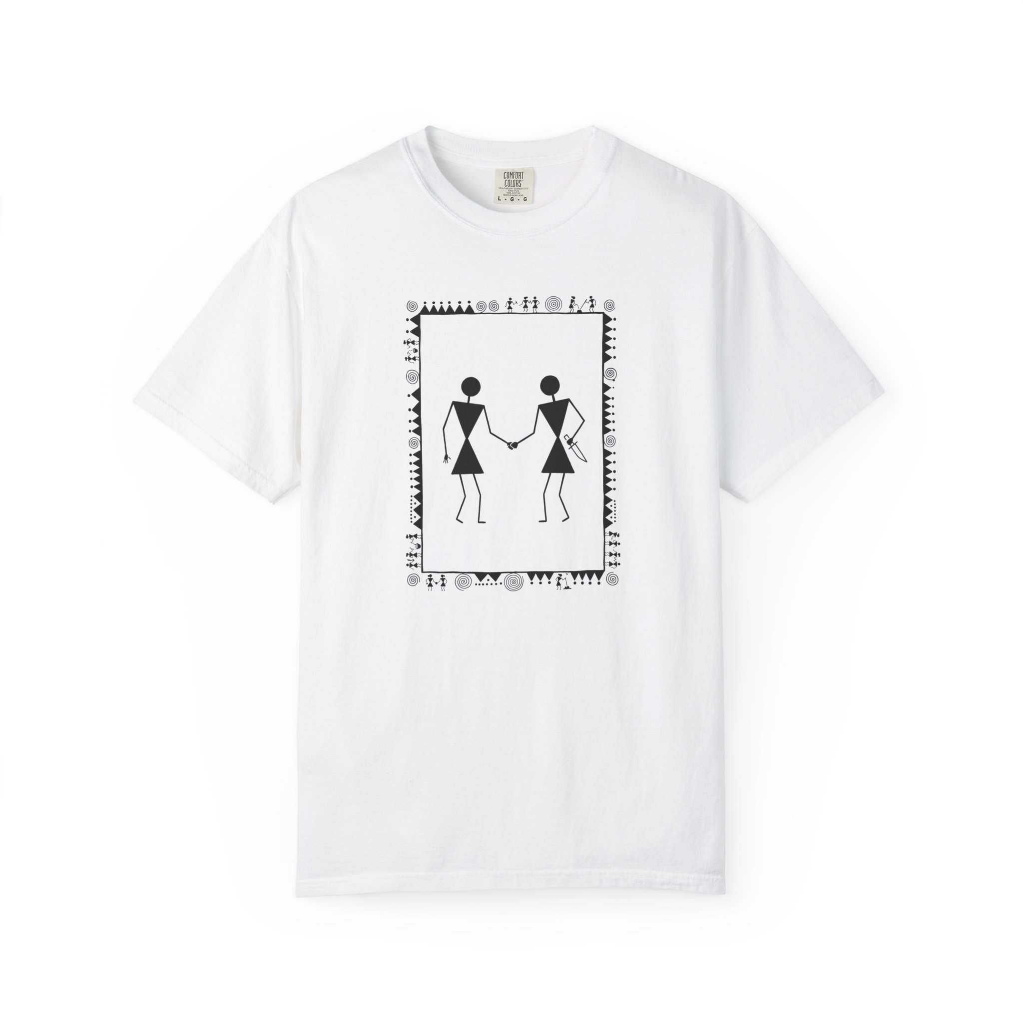 Warli Warriors Tee – Folk Art Handshake on White