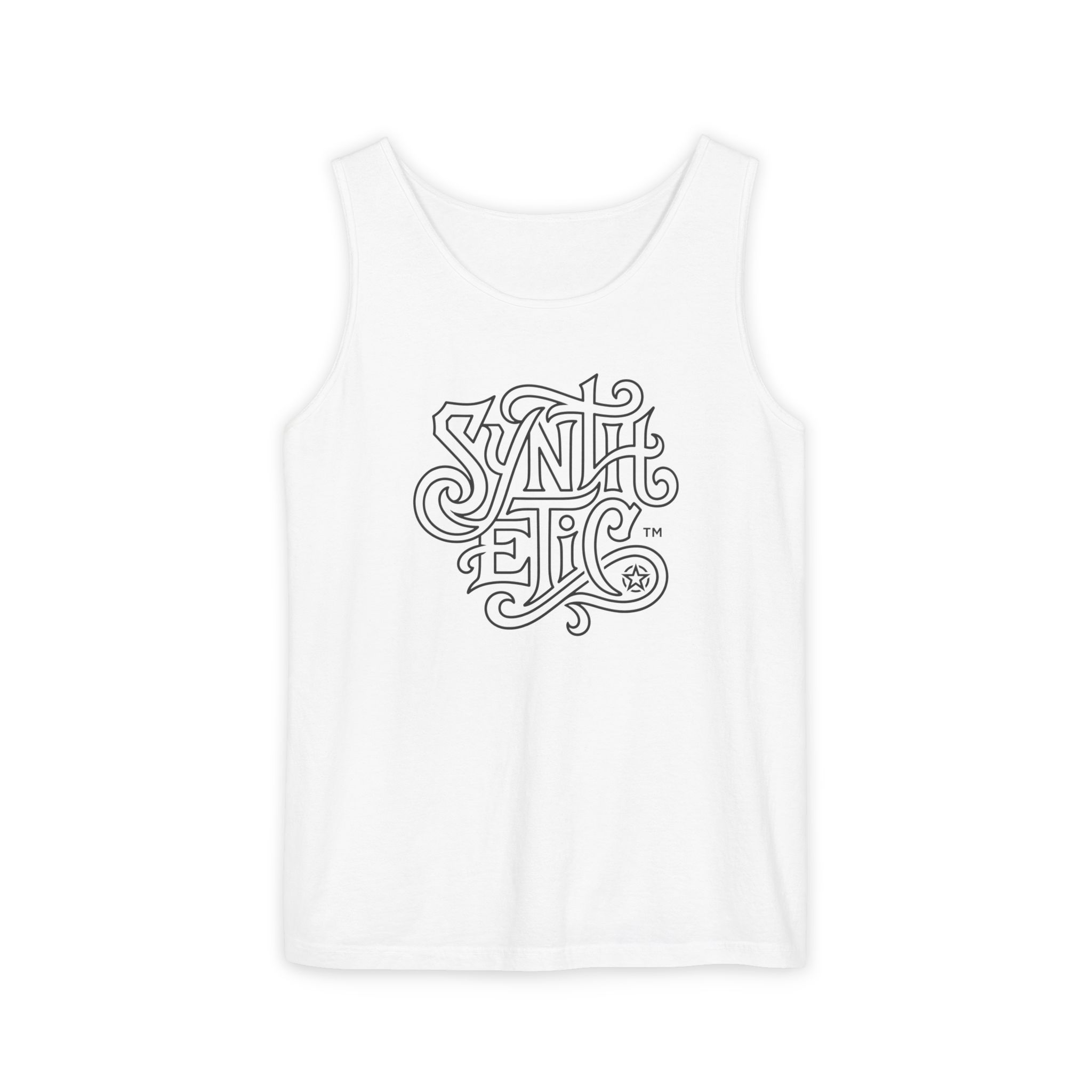 Synthetic™ Tank Top – Ornate Gothic Blackletter Outline on White