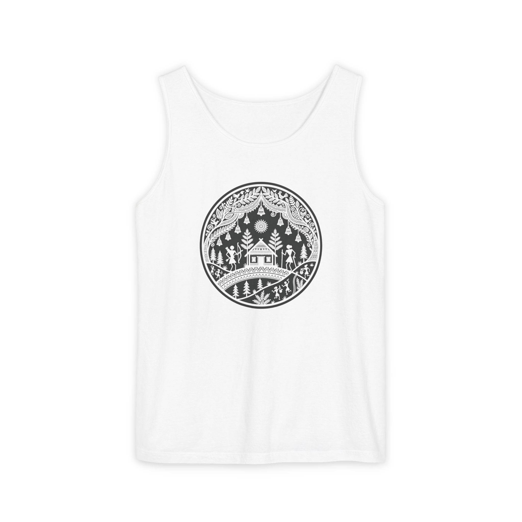 Warli Village Circle Tank Top – Indian Folk Art on White