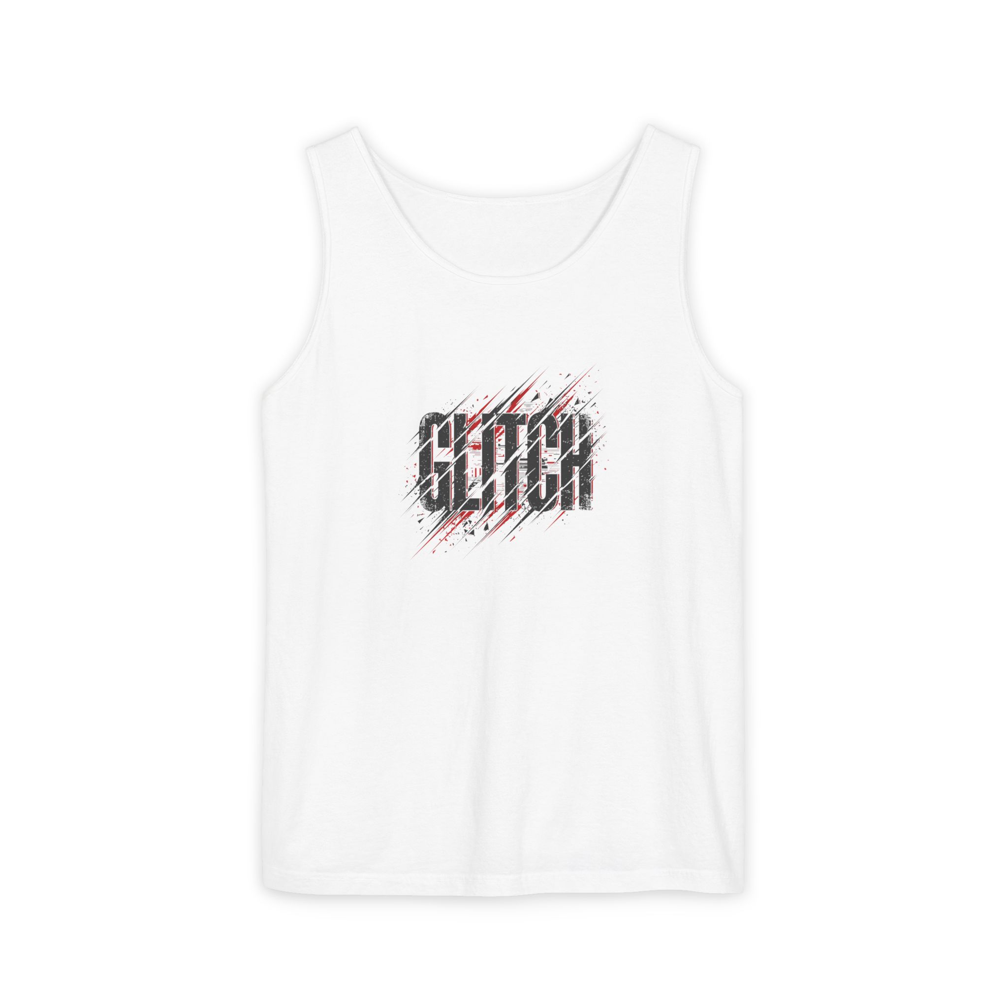 Glitch Tank Top – Black & Red Speed Distortion on White
