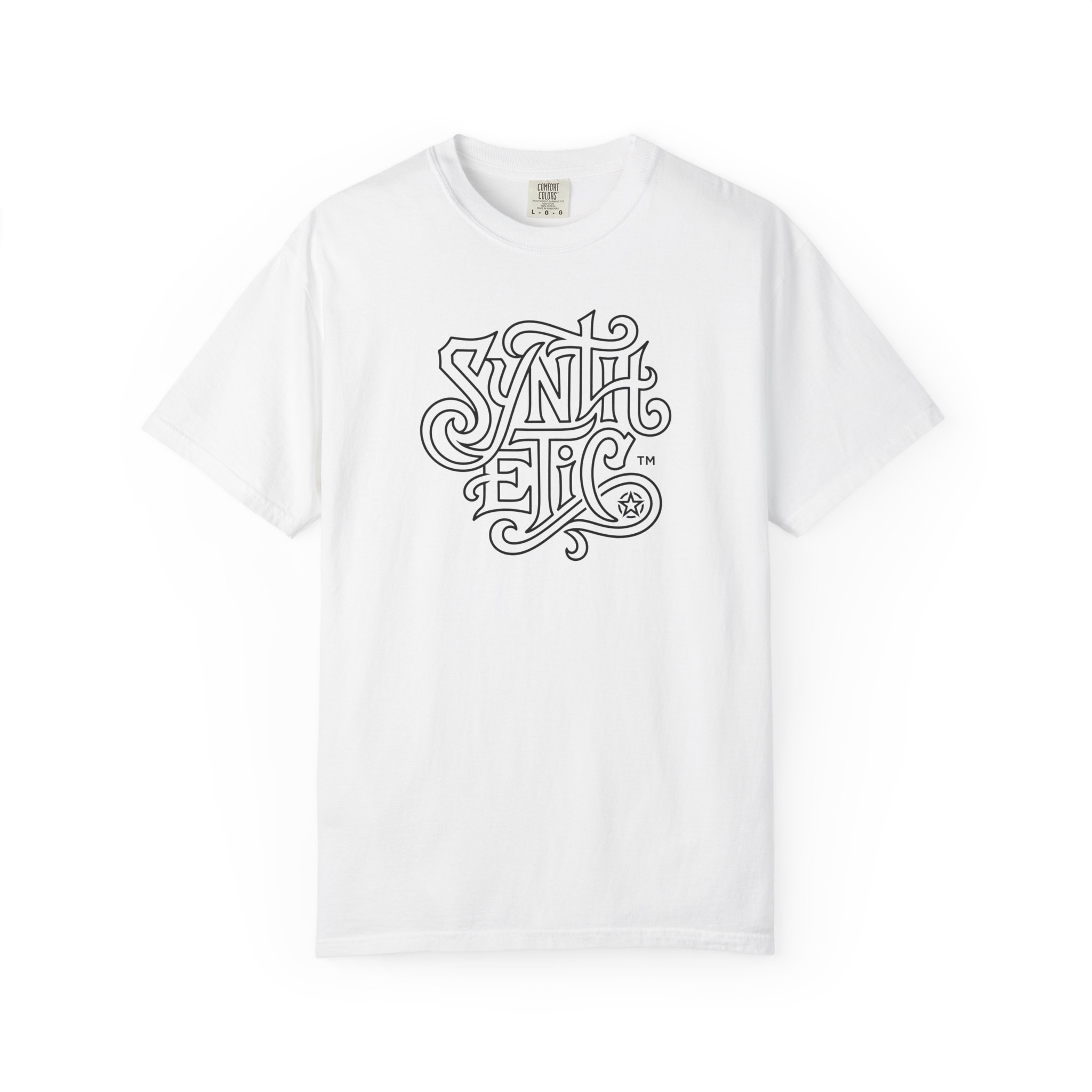 Synthetic™ Tee – Ornate Gothic Blackletter Outline on White